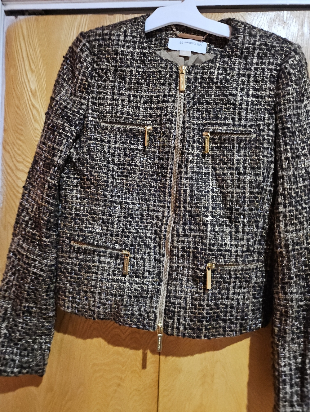 Michael Kors Black and Ivory Tweed Zip-Front Jacket